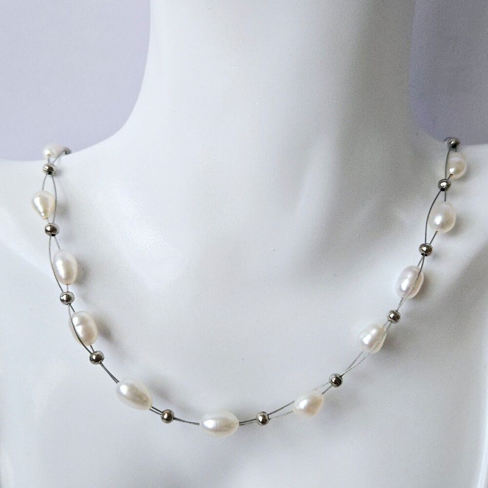 White Freshwater Baroque Pearl Floating Necklace Dual Strand Wire 16" Bridal